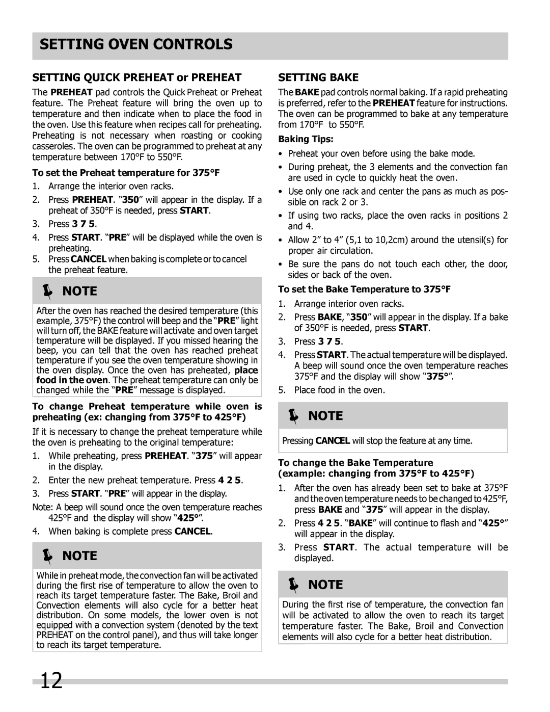 Frigidaire 318205303 Setting Quick Preheat or Preheat, Setting Bake, To set the Preheat temperature for 375F, Baking Tips 