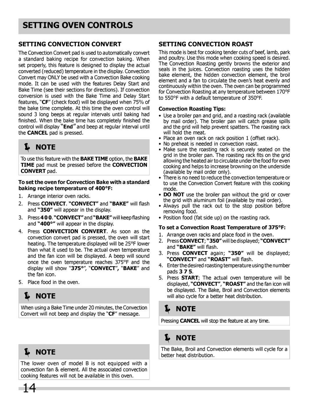 Frigidaire 318205303 Setting Convection Convert, Setting Convection Roast, Convection Roasting Tips 