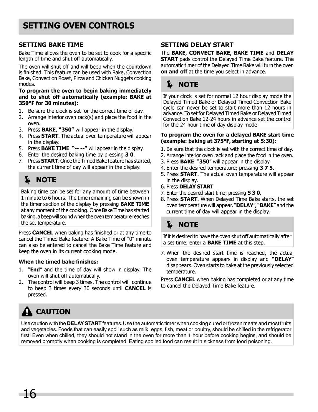 Frigidaire 318205303 Setting Bake Time, Setting Delay Start, When the timed bake finishes, Press Delay Start 