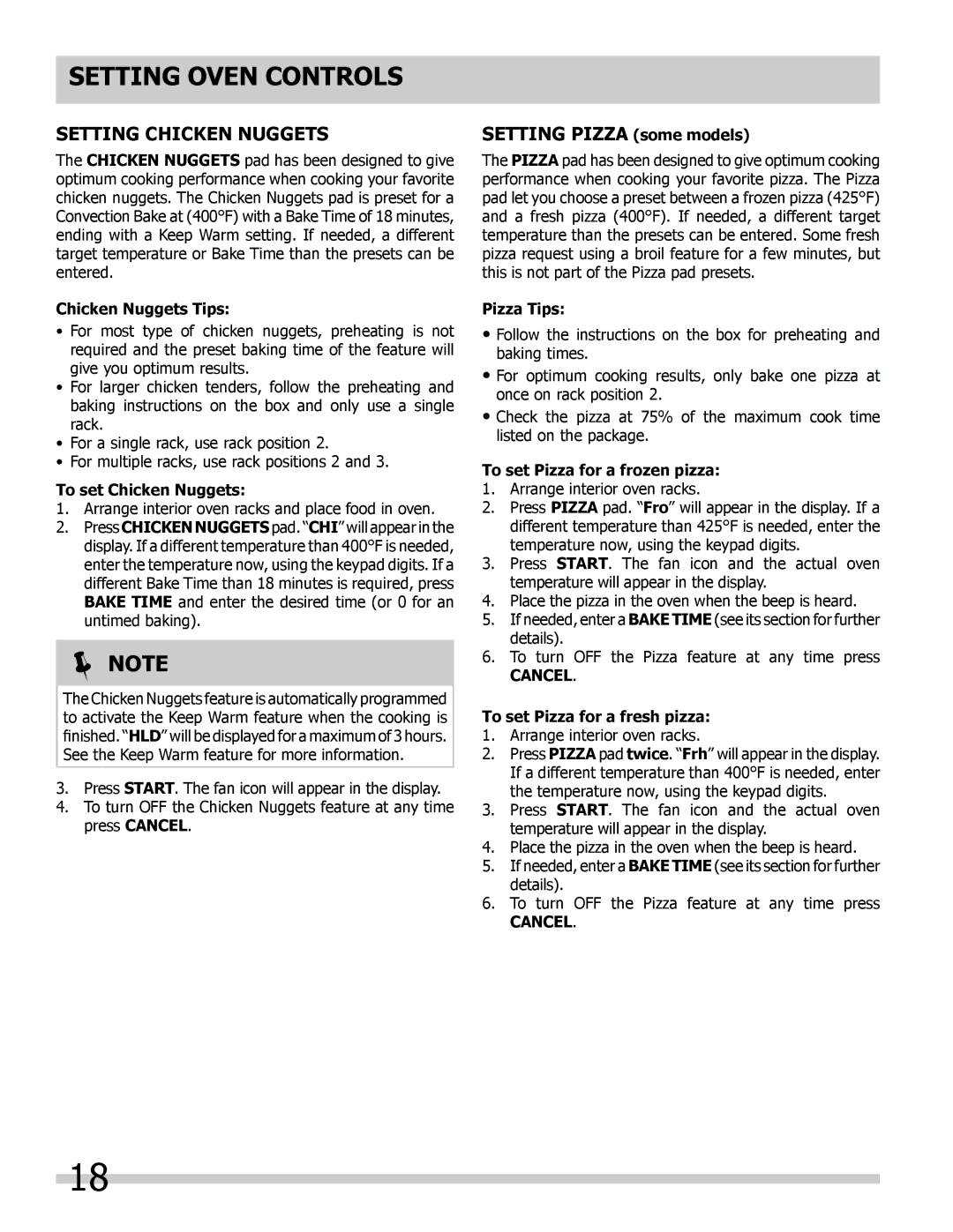 Frigidaire 318205303 important safety instructions Setting Chicken Nuggets, Setting Pizza some models 