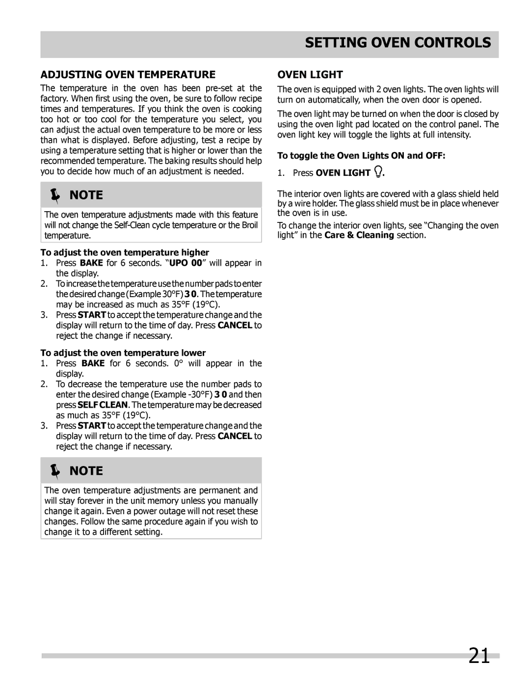 Frigidaire 318205303 Adjusting Oven Temperature, Oven light, To adjust the oven temperature higher 