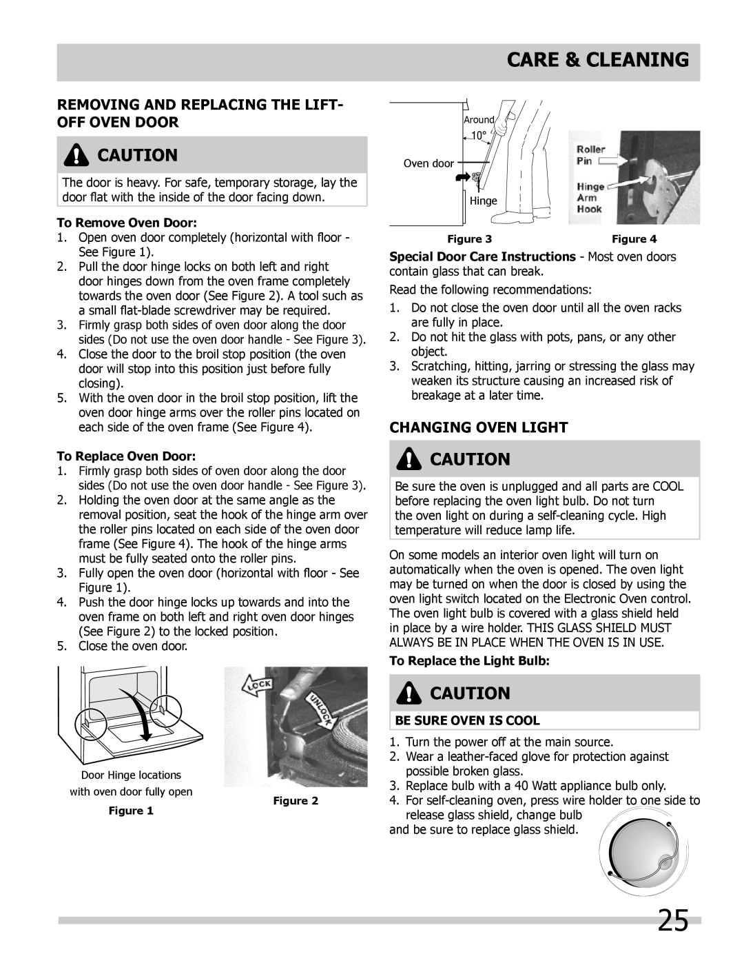 Frigidaire 318205303 Care & Cleaning, Removing and Replacing the Lift Off Oven Door, Changing Oven Light 