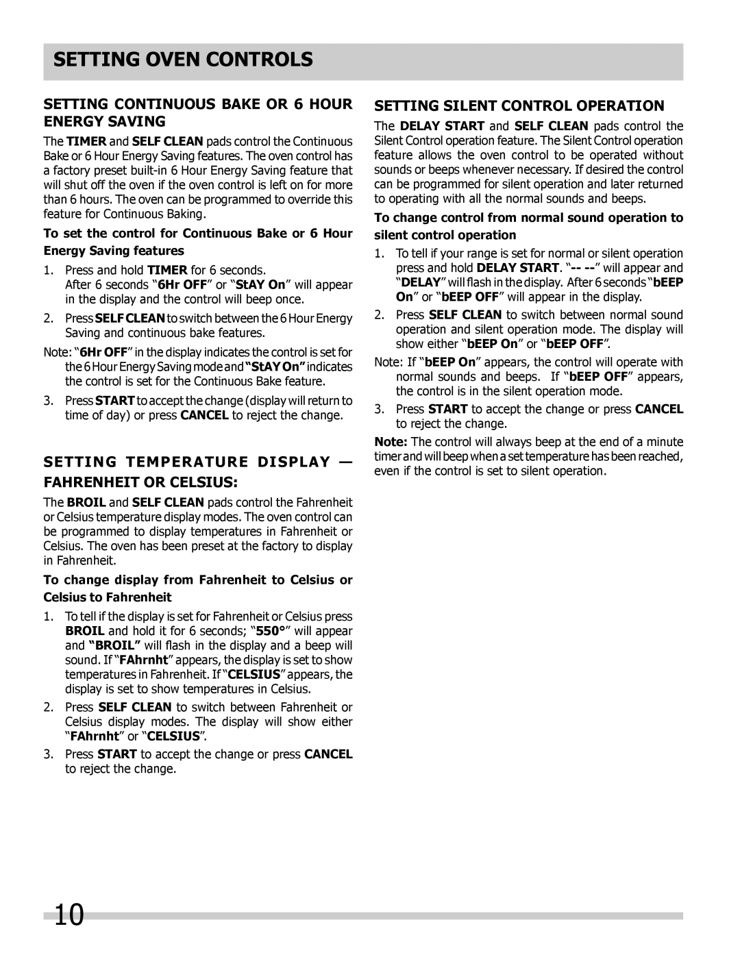 Frigidaire 318205307 Setting Continuous Bake or 6 Hour Energy Saving, Setting Temperature Display Fahrenheit or Celsius 