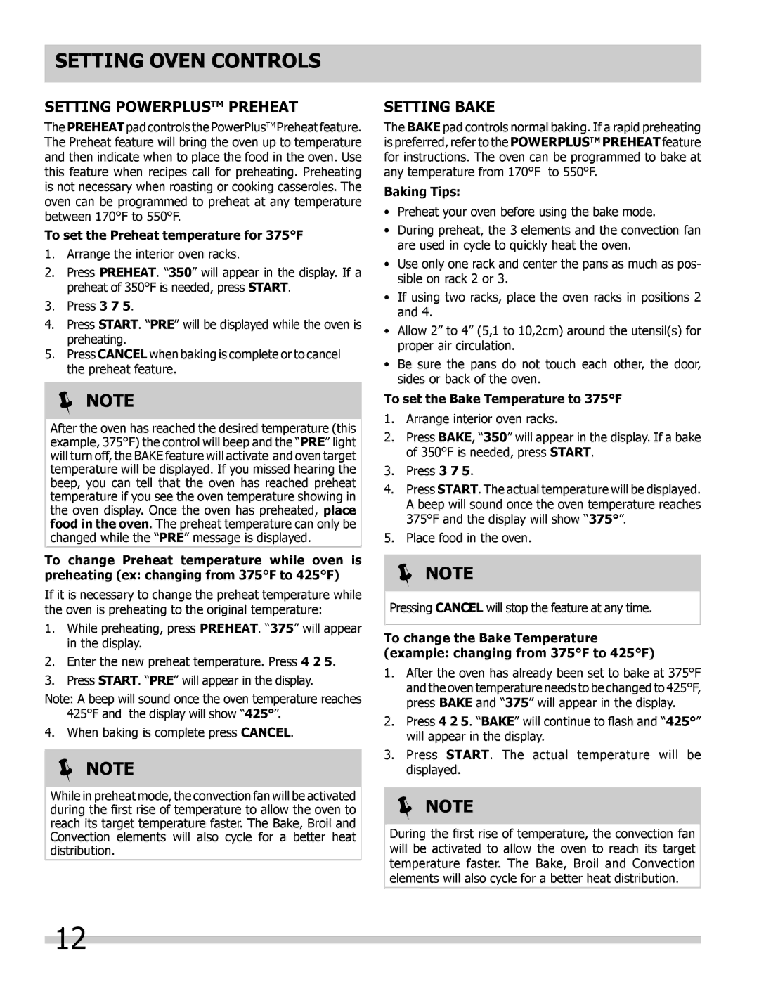 Frigidaire 318205307 Setting Powerplustm Preheat, Setting Bake, To set the Preheat temperature for 375F, Baking Tips 