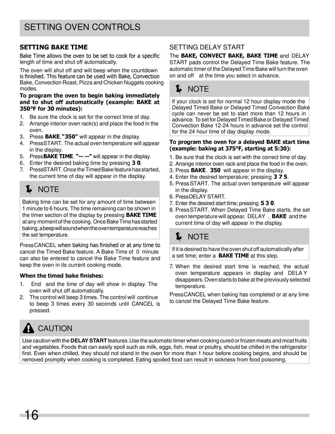 Frigidaire 318205307 Setting Bake Time, Setting Delay Start, When the timed bake finishes, Press Delay Start 