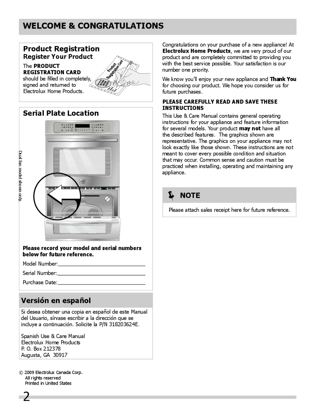 Frigidaire 318205307 Welcome & Congratulations, Register Your Product, Please Carefully read and save these instructions 