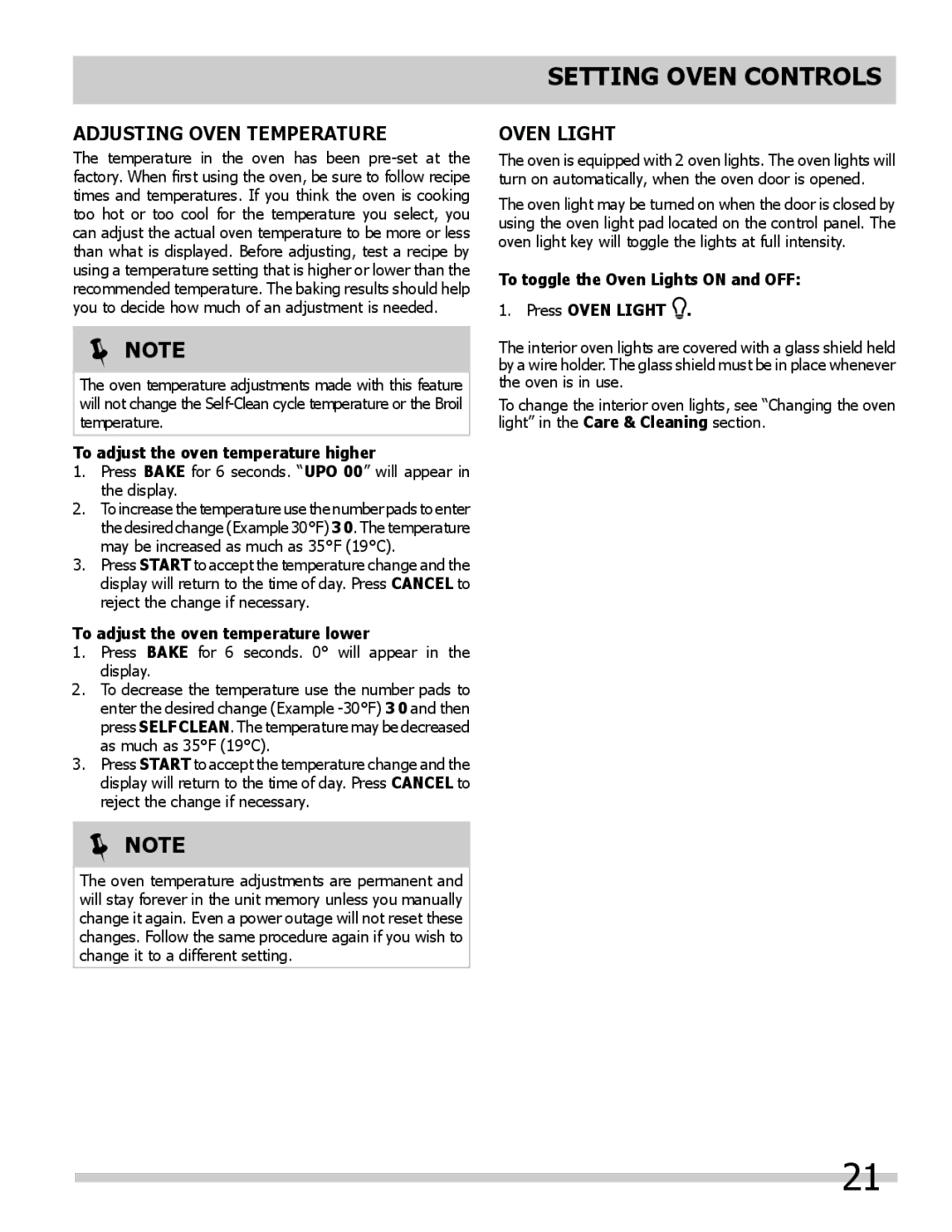 Frigidaire 318205307 Adjusting Oven Temperature, Oven light, To adjust the oven temperature higher 