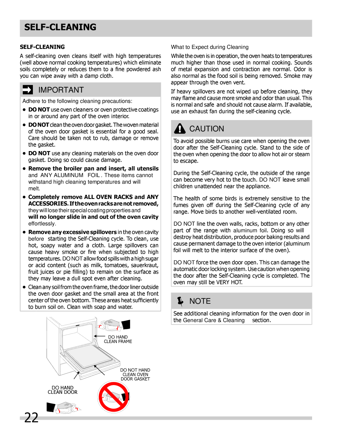 Frigidaire 318205307 Self-Cleaning, Adhere to the following cleaning precautions, What to Expect during Cleaning 