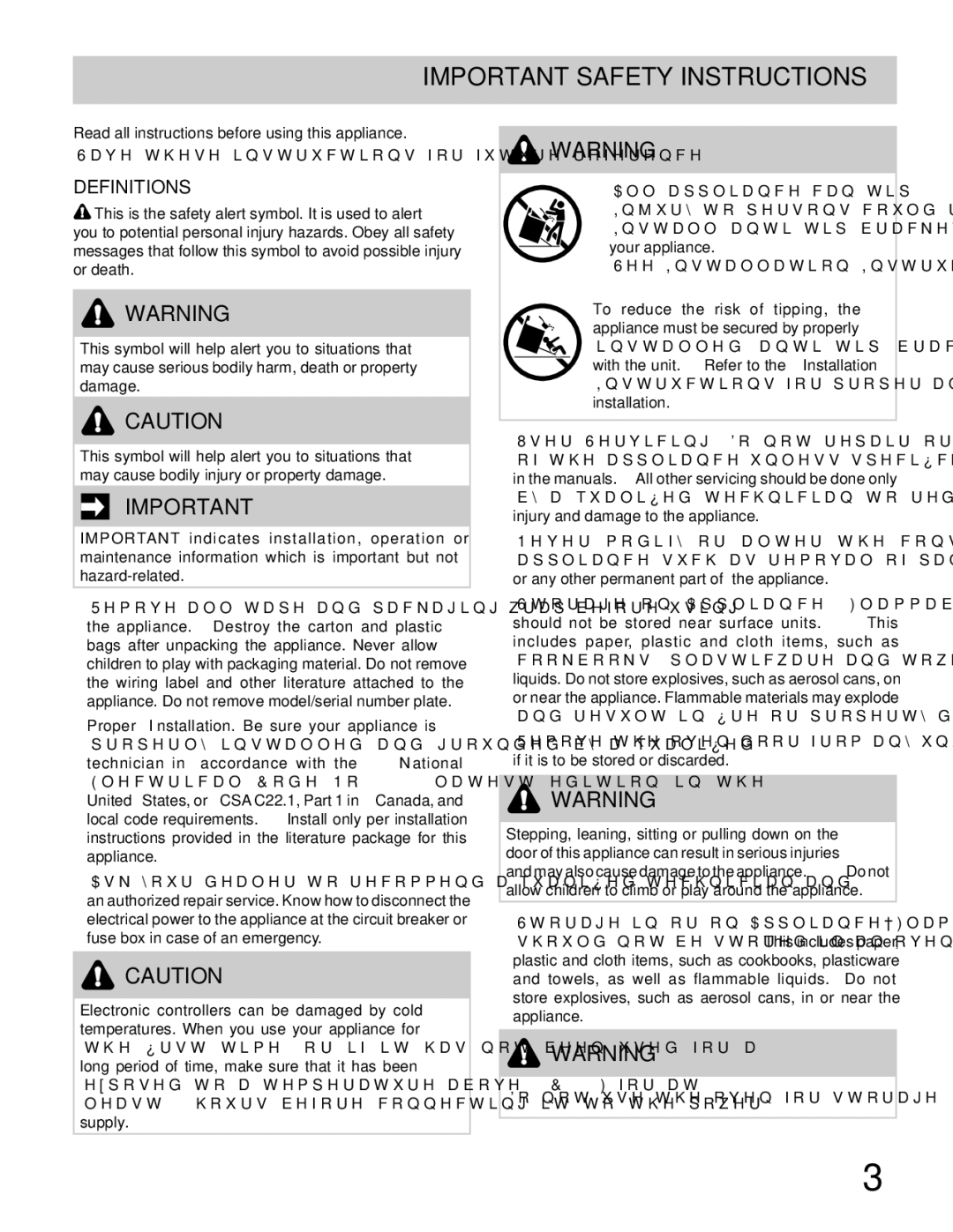 Frigidaire 318205307 important safety instructions Important Safety Instructions, Definitions 