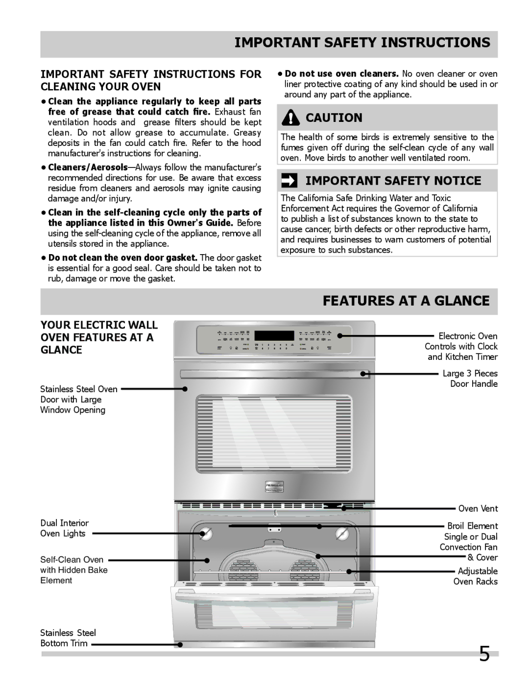 Frigidaire 318205307 Features AT a Glance, Important Safety Instructions for Cleaning Your Oven 