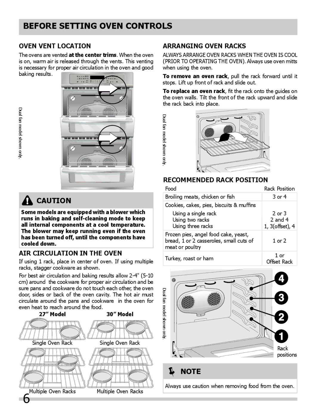 Frigidaire 318205307 Before Setting Oven Controls, Oven Vent Location, Air Circulation in the Oven, Arranging Oven Racks 