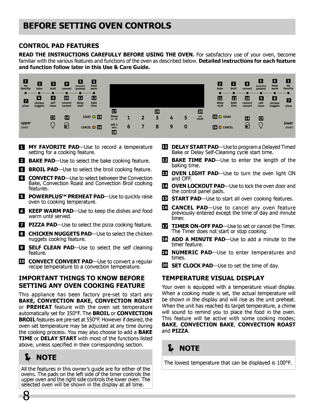 Frigidaire 318205307 Before Setting Oven controls, Control Pad Features, Temperature Visual Display 