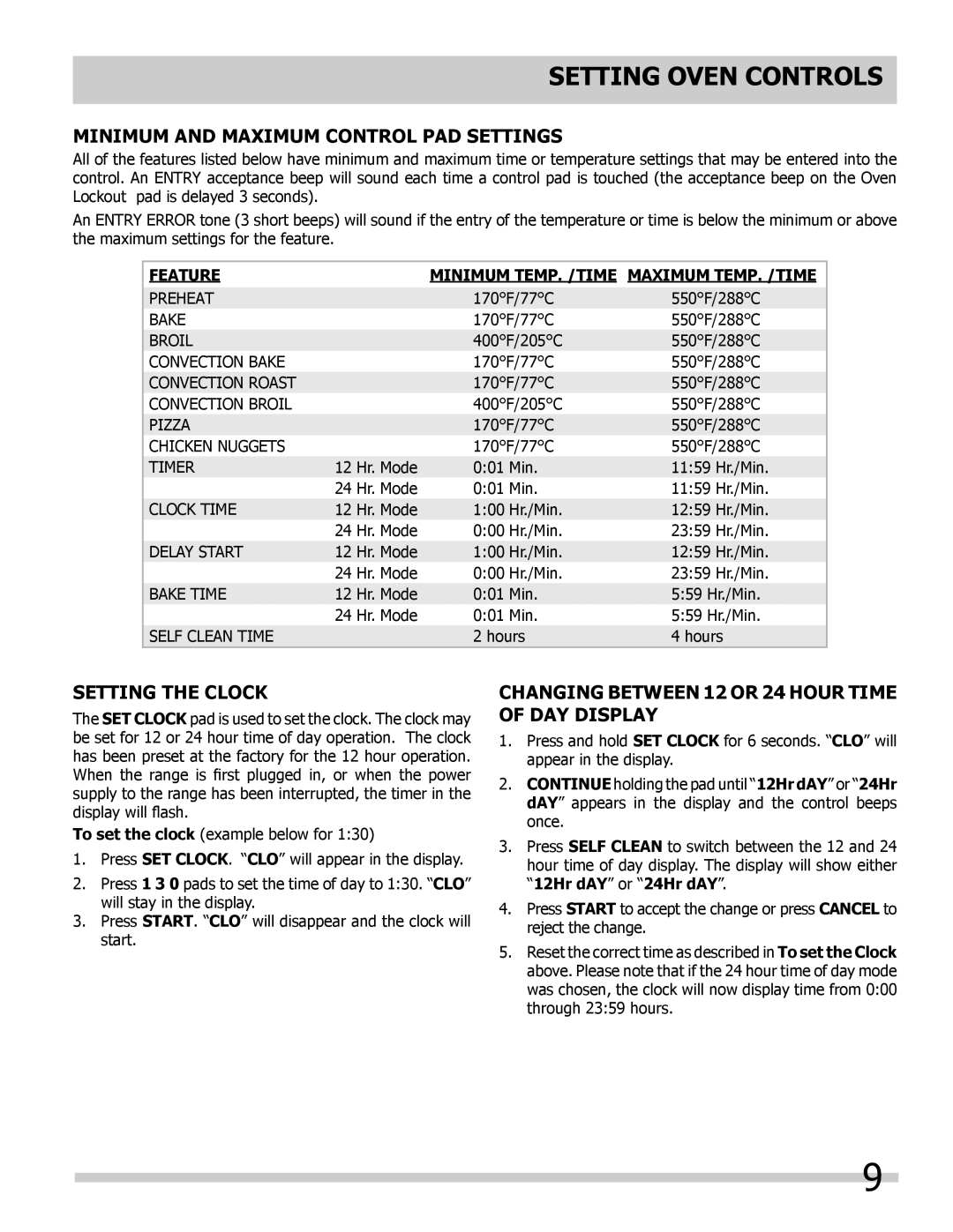 Frigidaire 318205307 Setting Oven controls, Minimum and Maximum Control Pad Settings, Setting the Clock 