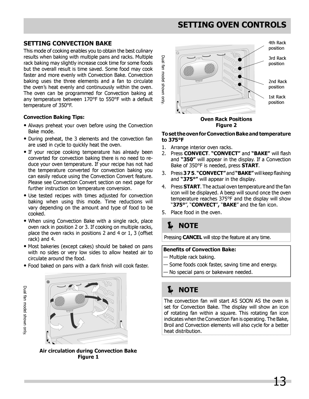 Frigidaire 318205307 Setting Oven Controls, Setting Convection Bake, Convection Baking Tips, Oven Rack Positions,  Note 