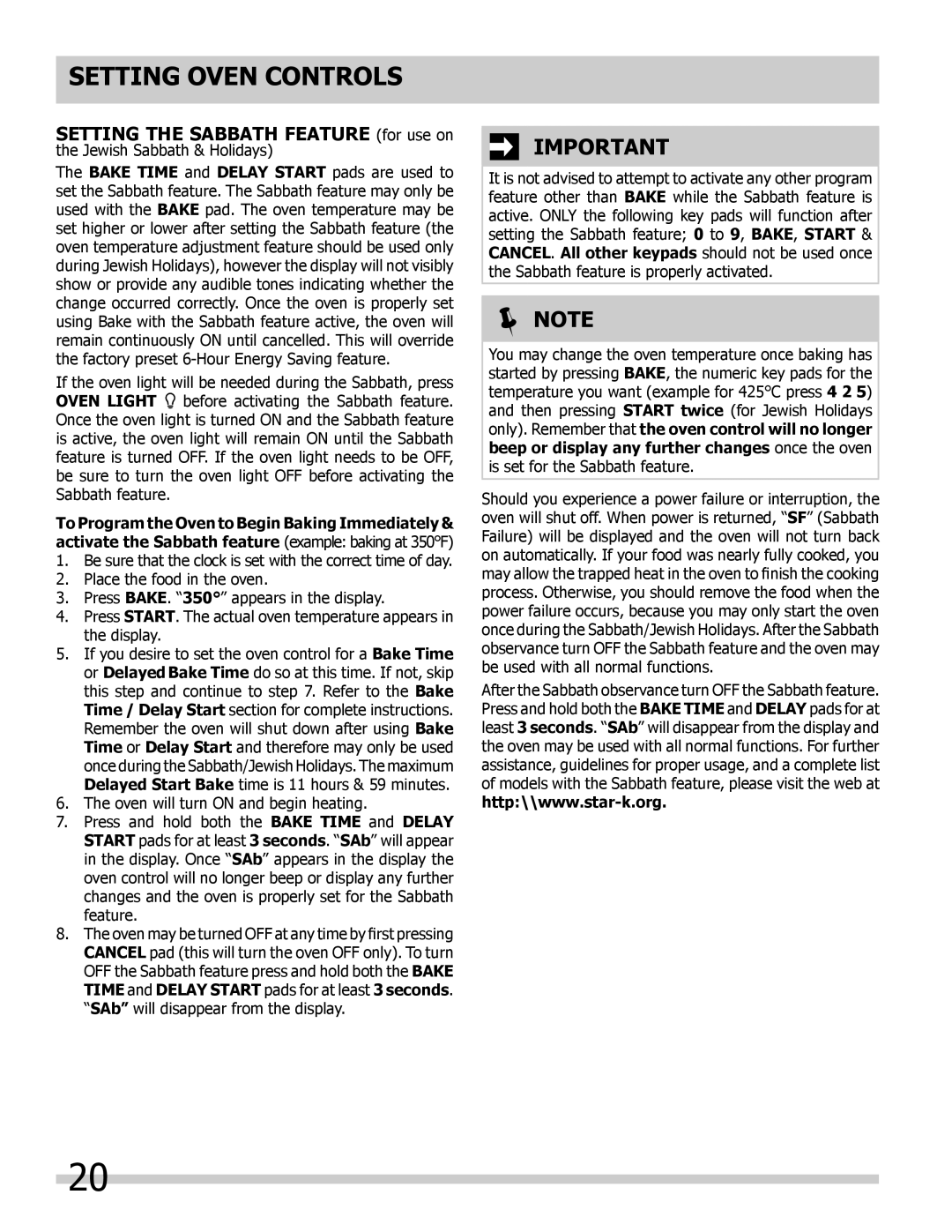 Frigidaire 318205307 important safety instructions Setting Oven Controls,  Note 