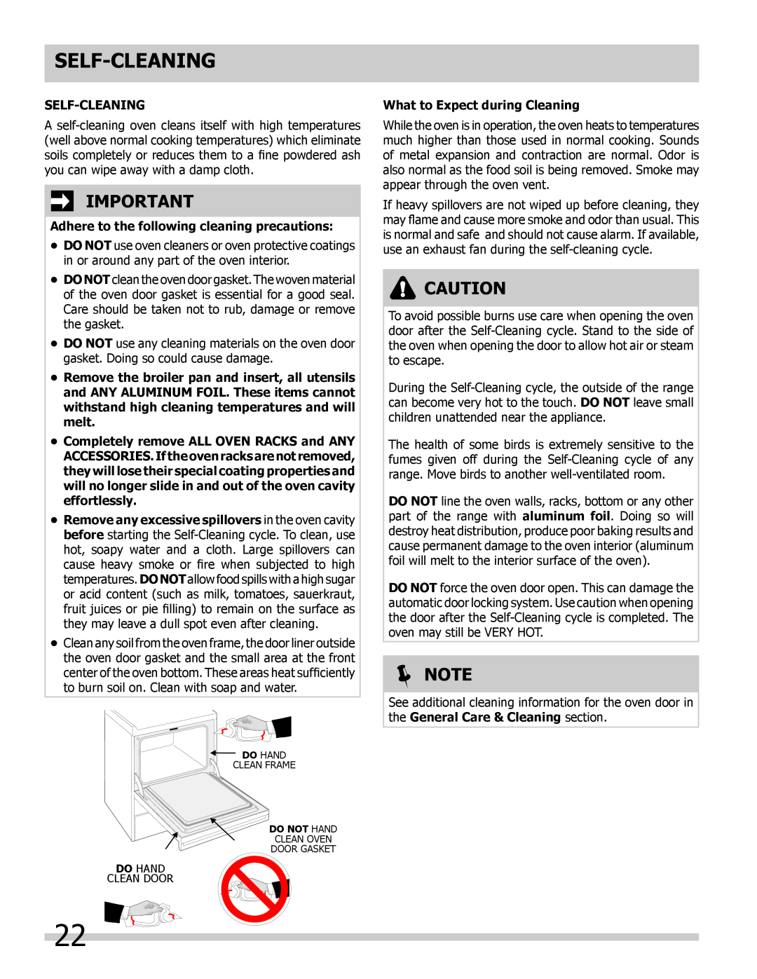 Frigidaire 318205307 Self-Cleaning, Adhere to the following cleaning precautions, What to Expect during Cleaning,  Note 