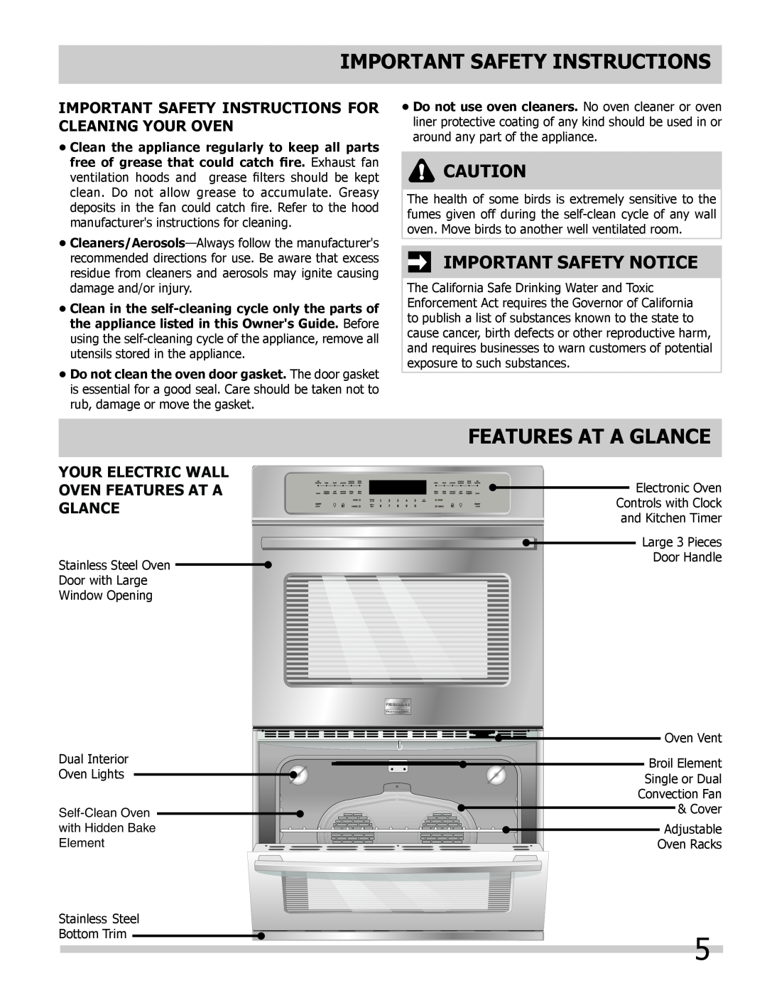 Frigidaire 318205307 Features At A Glance, Important Safety Notice, Important Safety Instructions For Cleaning Your Oven 