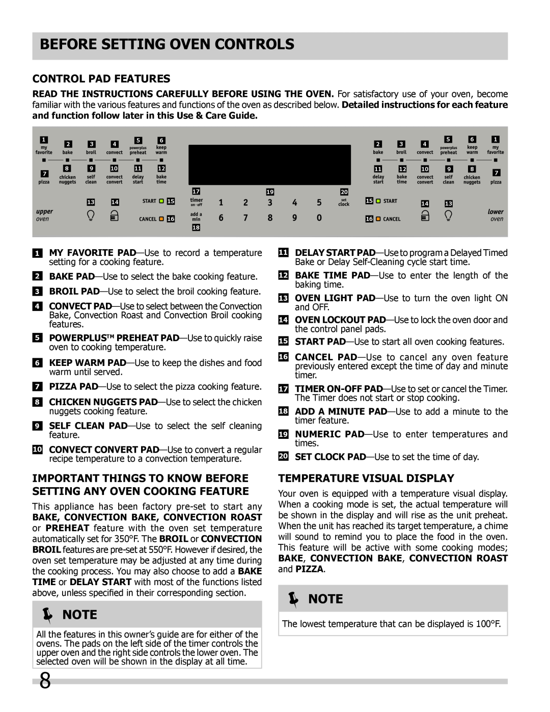 Frigidaire 318205307 BEFORE Setting OVEN controls, Control Pad Features, Temperature Visual Display,  Note 