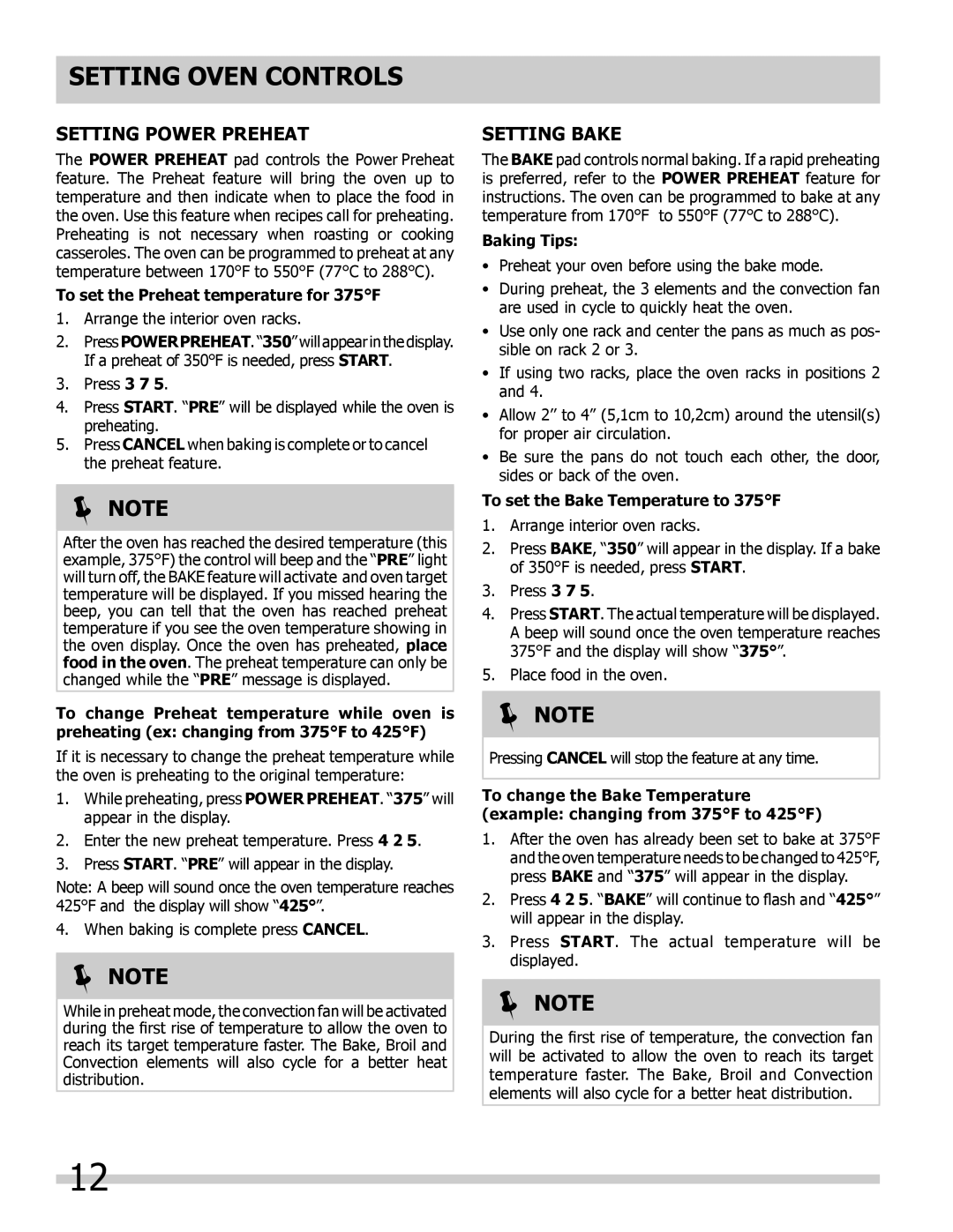 Frigidaire 318205308 Setting Power Preheat, Setting Bake, To set the Preheat temperature for 375F, Baking Tips 
