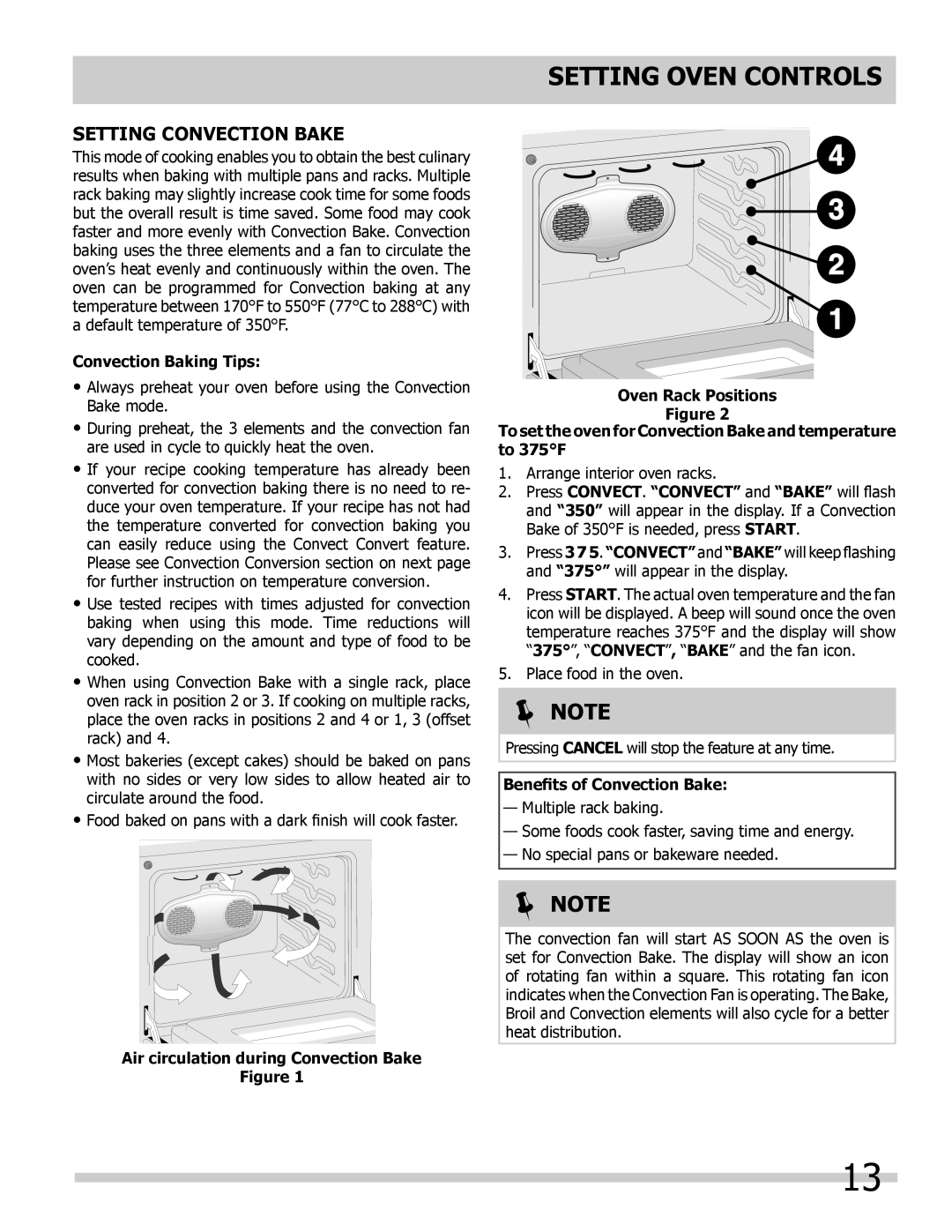 Frigidaire 318205308 Setting Oven Controls, Setting Convection Bake, Convection Baking Tips, Benefits of Convection Bake 