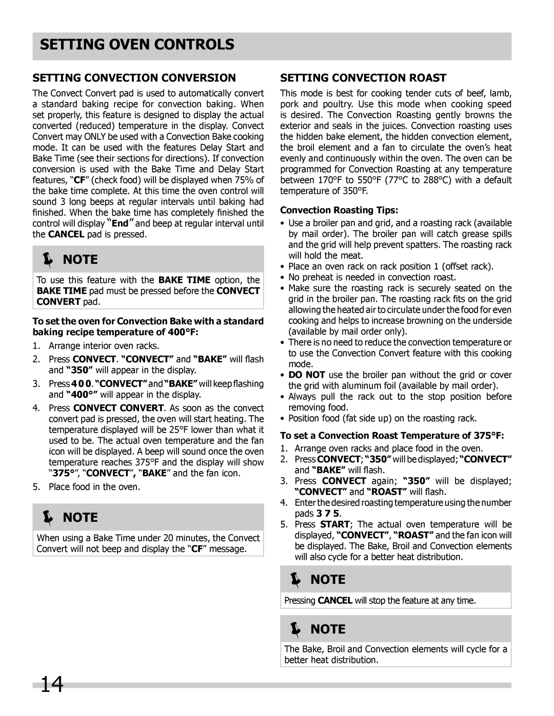 Frigidaire 318205308 Setting Convection CONVERsion, Setting Convection Roast, Convection Roasting Tips 