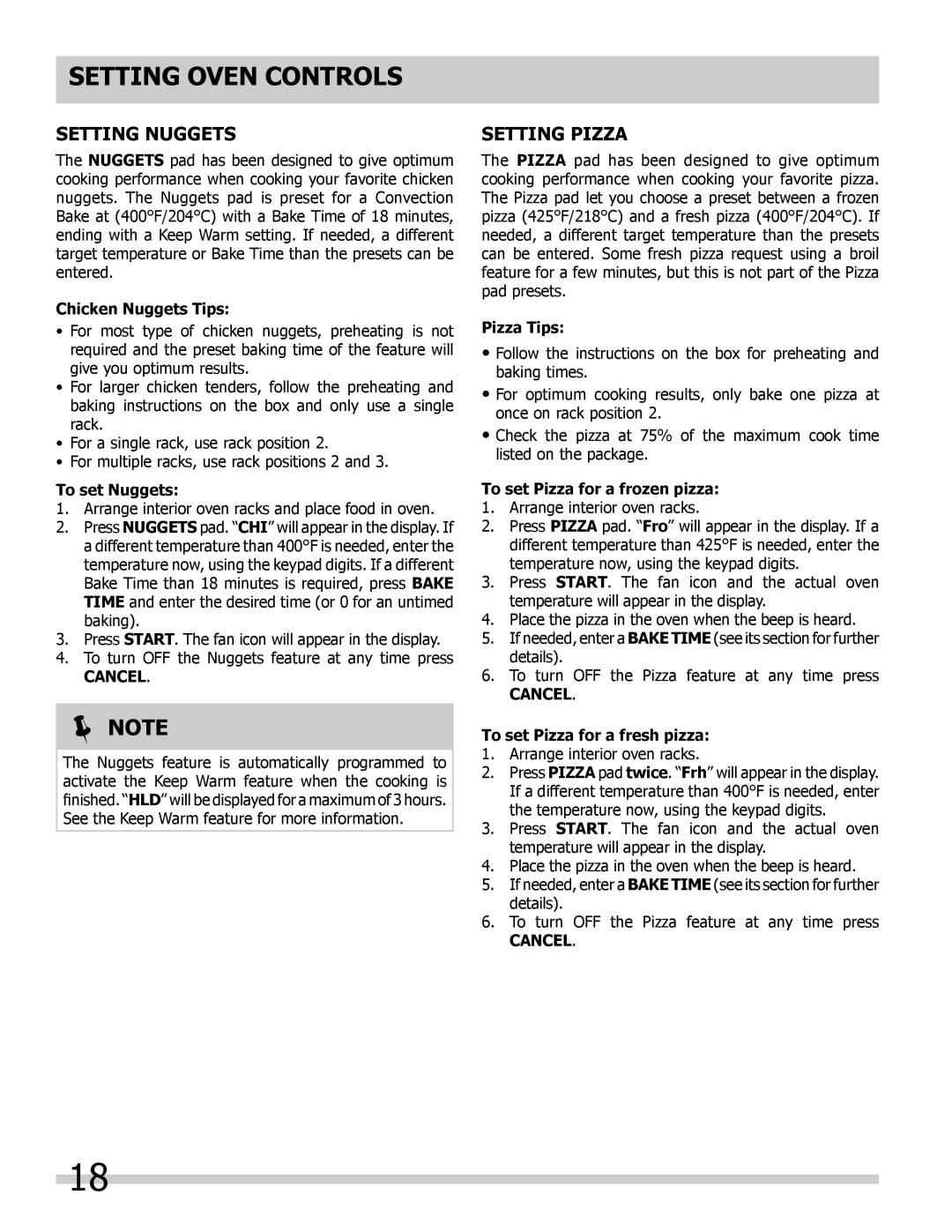 Frigidaire 318205308 important safety instructions Setting Nuggets, Setting Pizza 