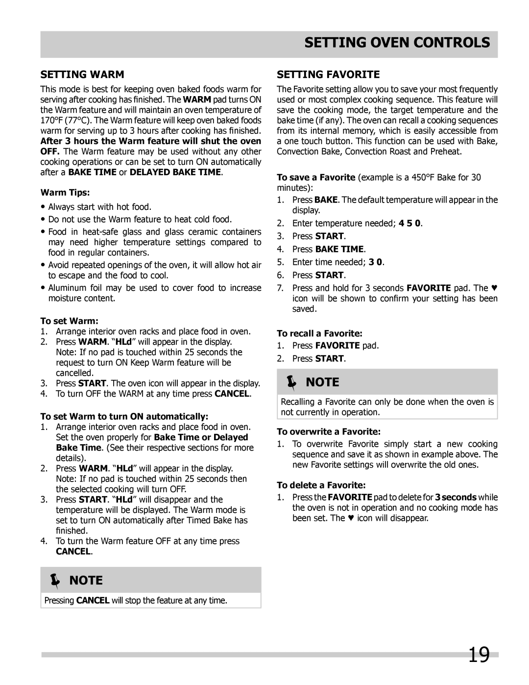 Frigidaire 318205308 important safety instructions Setting Warm, Setting Favorite 