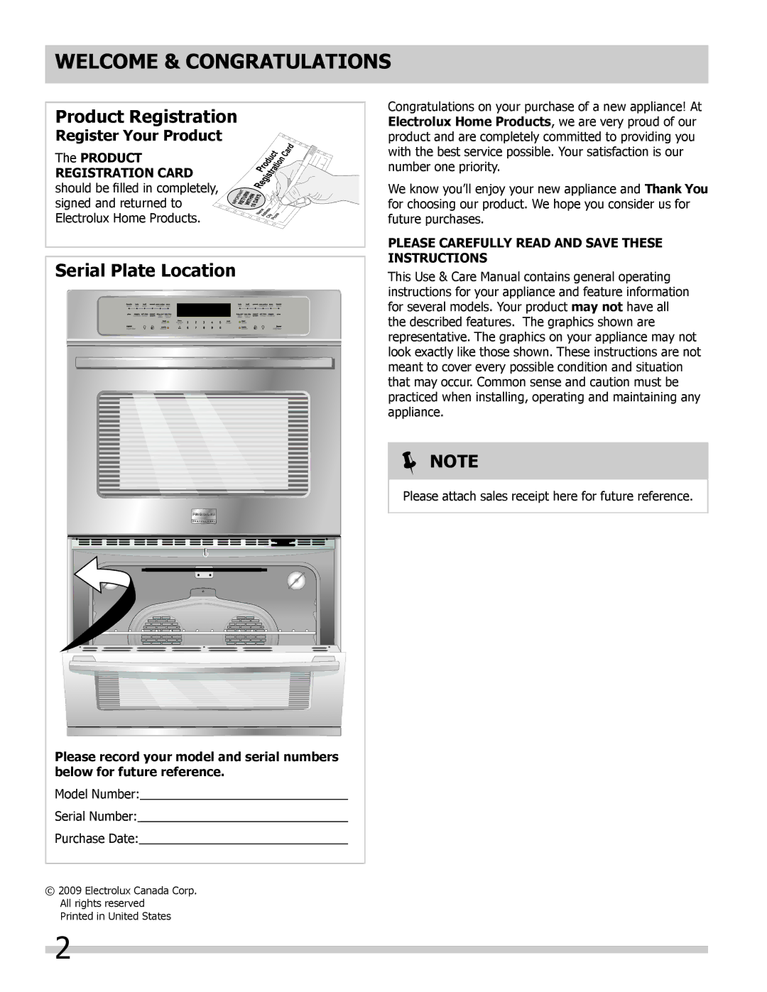 Frigidaire 318205308 Welcome & Congratulations, Register Your Product, Please Carefully read and save these instructions 