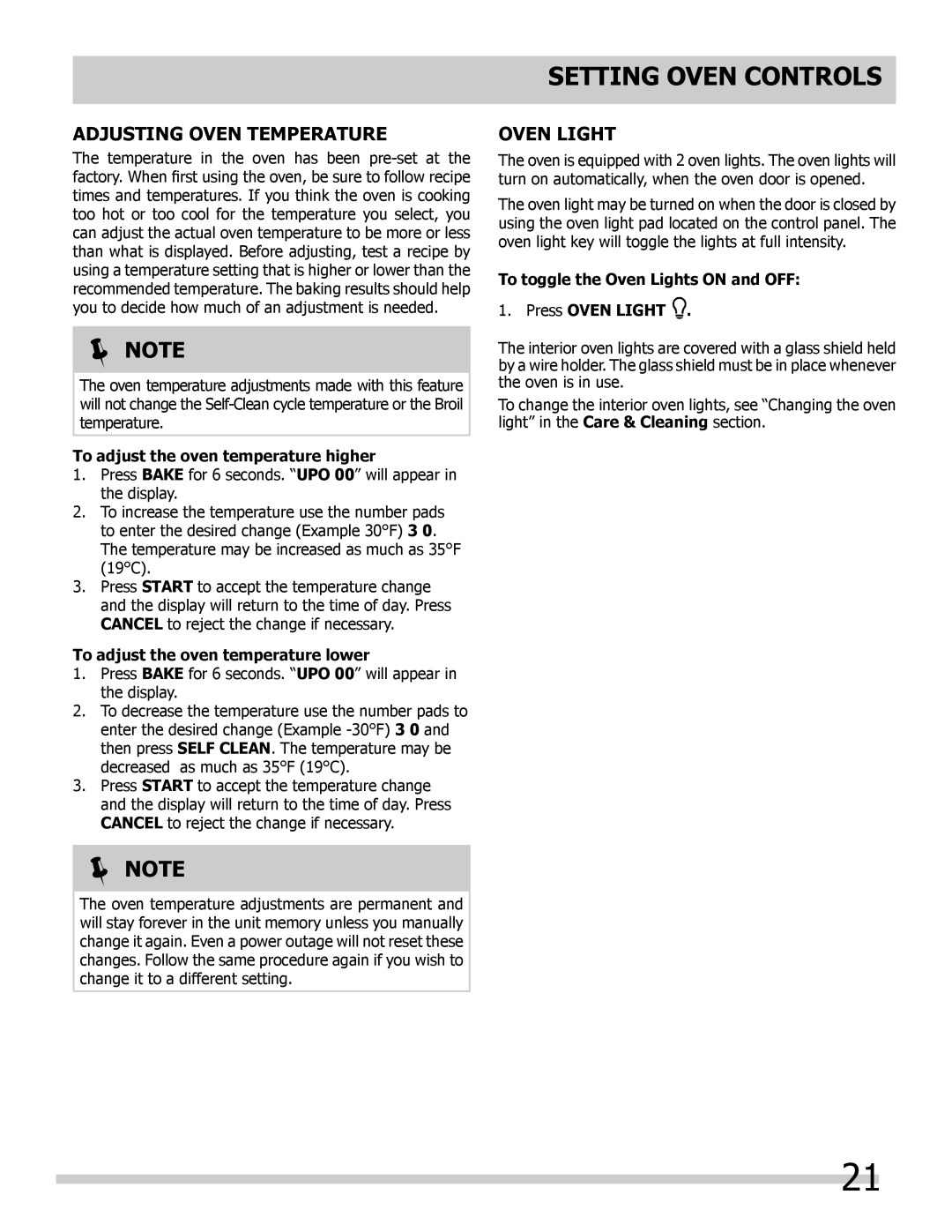 Frigidaire 318205308 Adjusting Oven Temperature, Oven light, To adjust the oven temperature higher 