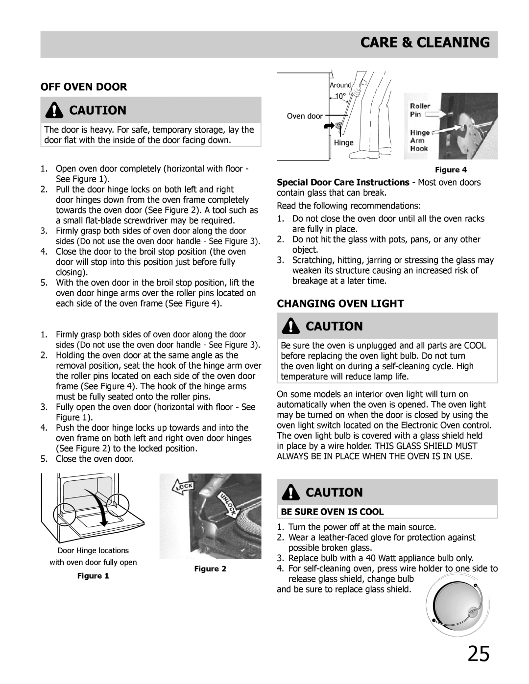 Frigidaire 318205308 Care & Cleaning, Removing and Replacing the Lift Off Oven Door, Changing Oven Light 