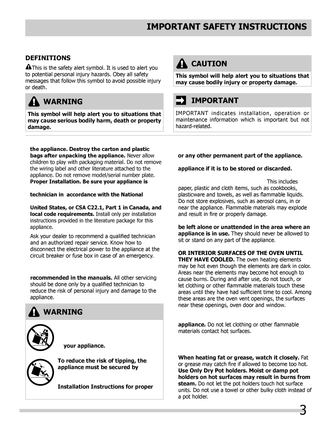 Frigidaire 318205308 Important Safety Instructions, Definitions, Do not Touch Interior Oven Elements 