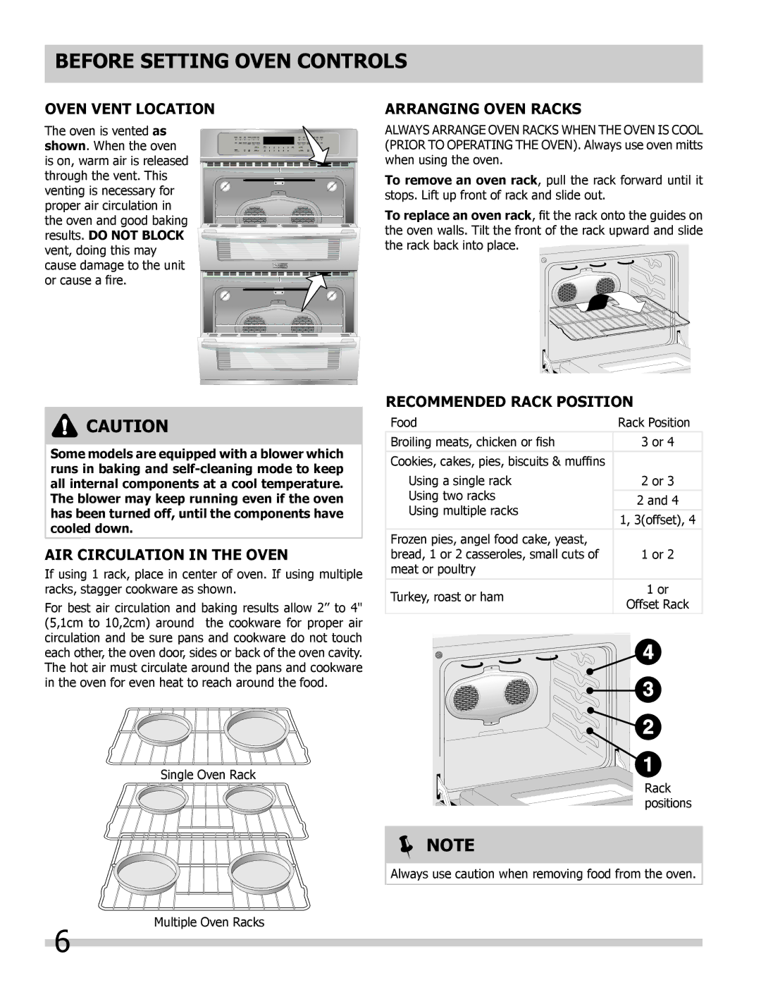 Frigidaire 318205308 Before Setting Oven Controls, Oven Vent Location, Arranging Oven Racks, Air Circulation in the Oven 