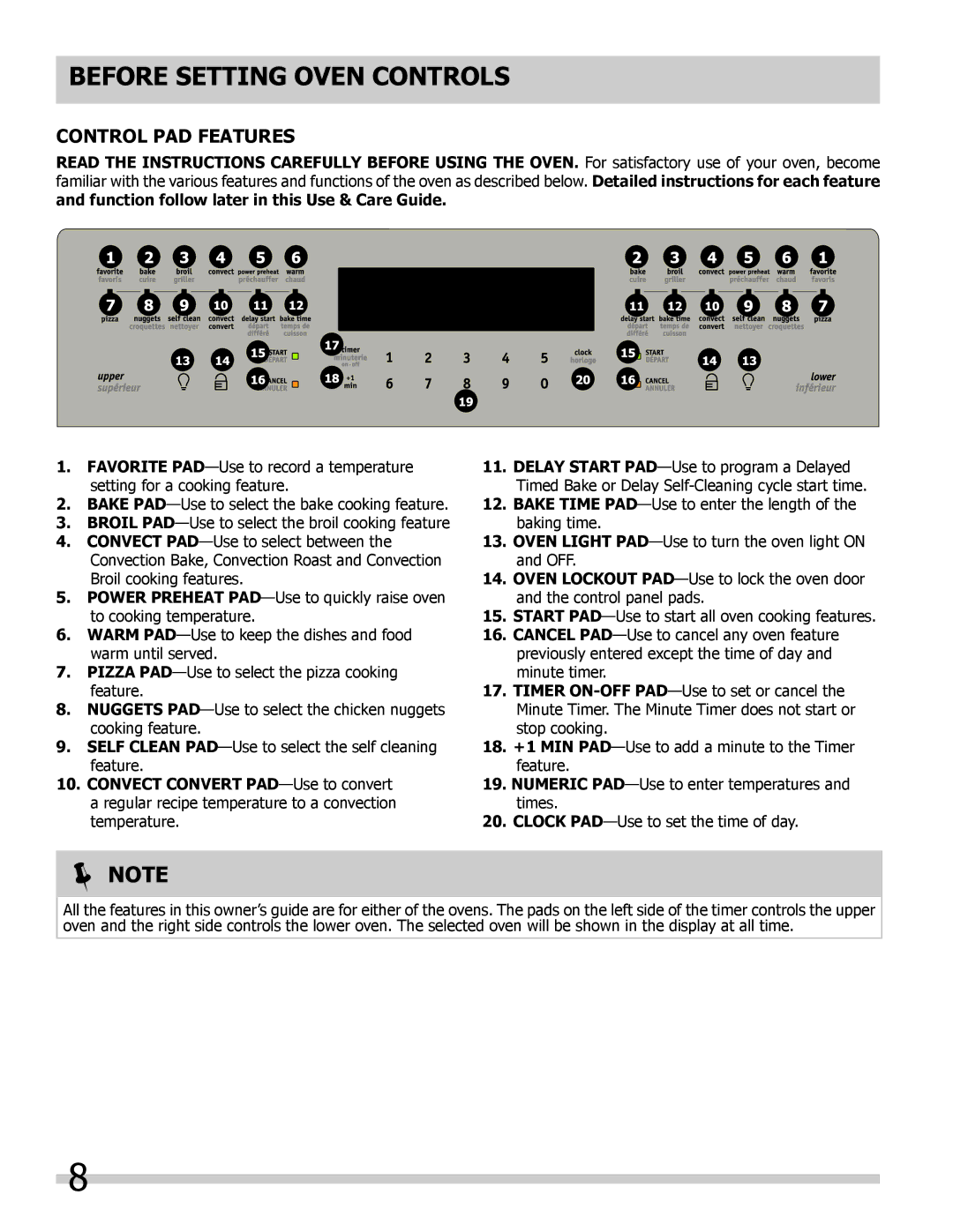 Frigidaire 318205308 Before Setting Oven controls, Control Pad Features, Convect Convert PAD-Use to convert 