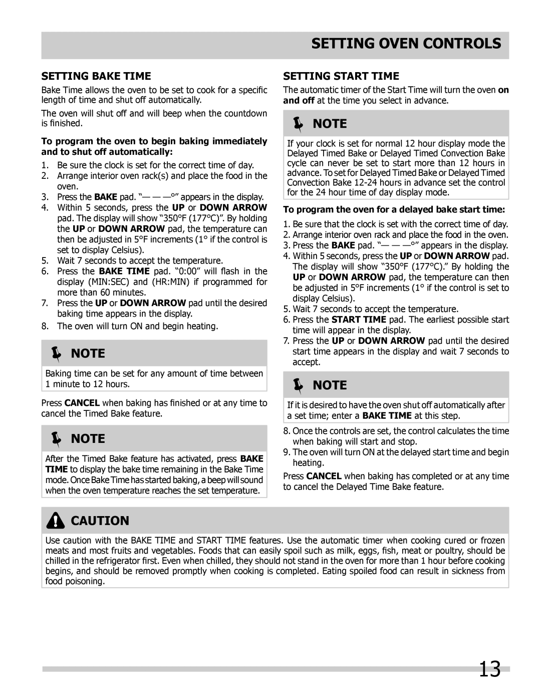 Frigidaire 318205325 Setting Bake Time, Setting Start Time, To program the oven for a delayed bake start time 