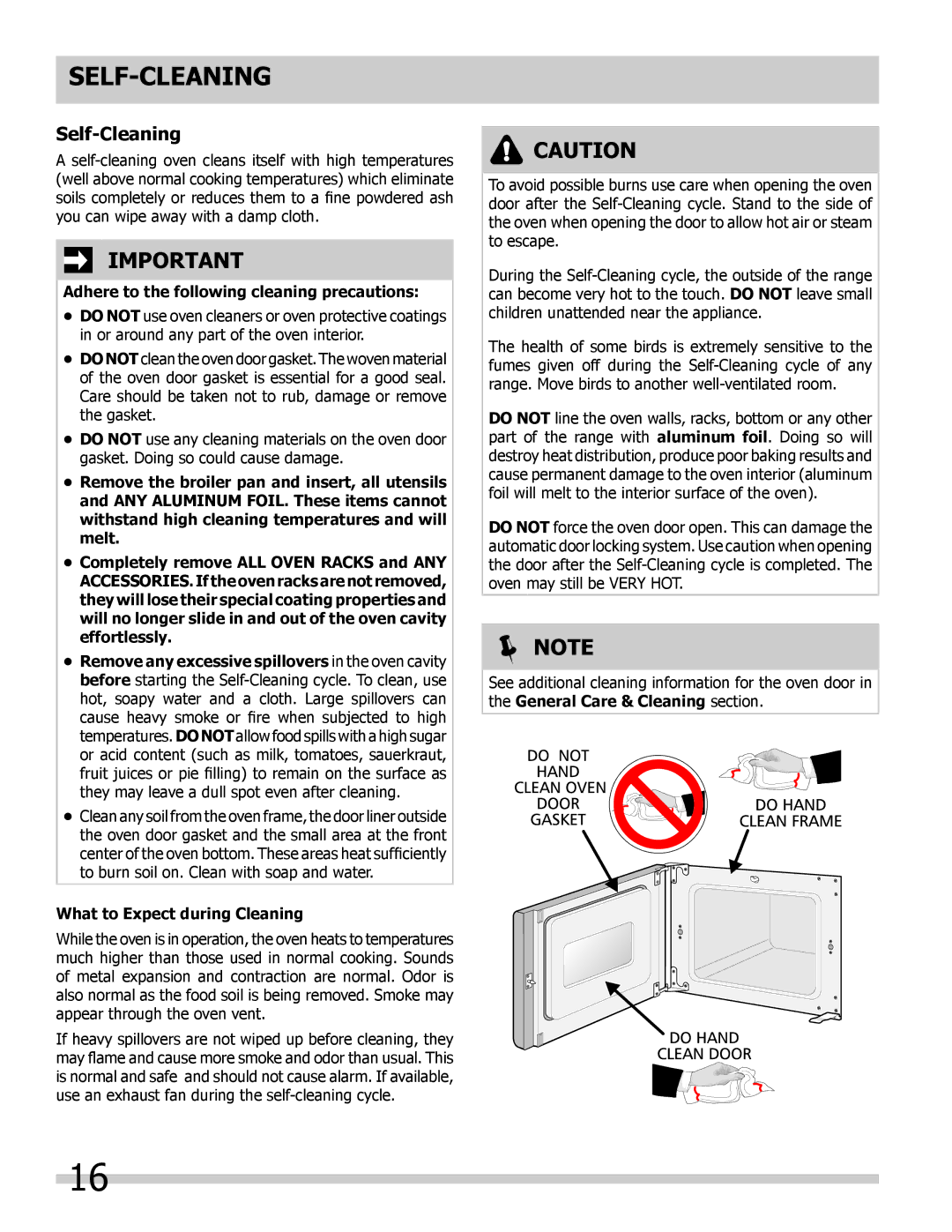 Frigidaire 318205325 Self-Cleaning, Adhere to the following cleaning precautions, What to Expect during Cleaning 