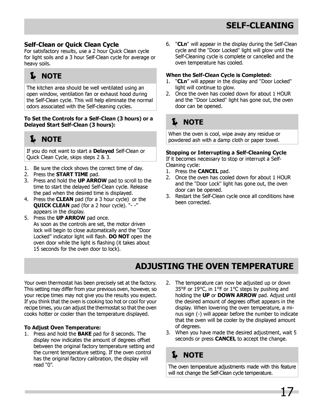 Frigidaire 318205325 Adjusting the Oven Temperature, Self-Clean or Quick Clean Cycle, To Adjust Oven Temperature 