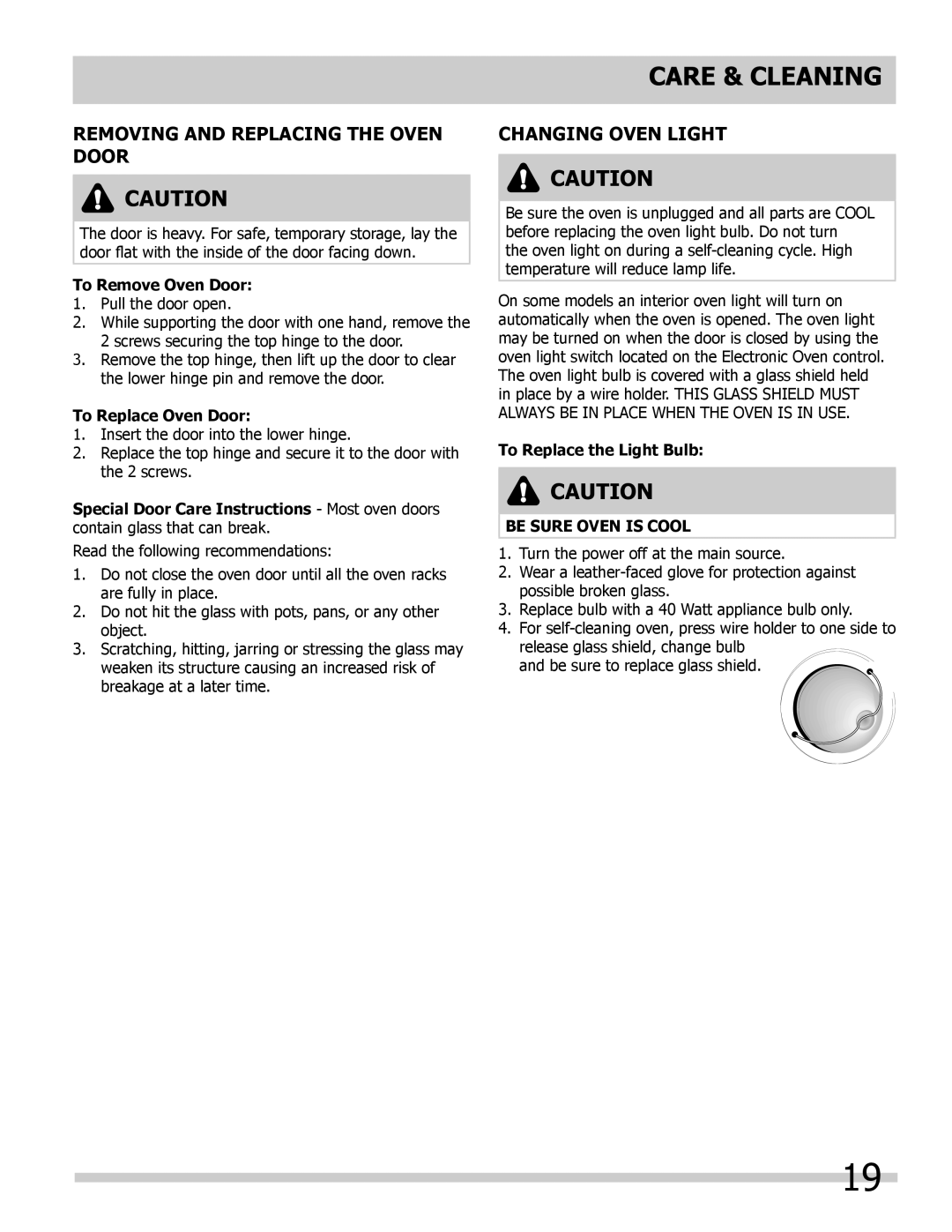 Frigidaire 318205325 Care & Cleaning, Removing and Replacing the Oven Door, Changing Oven Light, Be Sure Oven is Cool 