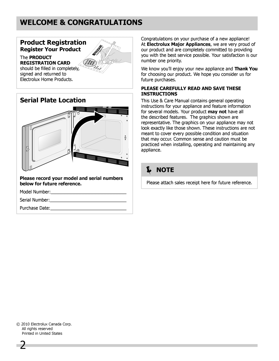 Frigidaire 318205325 Welcome & Congratulations, Register Your Product, Please Carefully read and save these instructions 