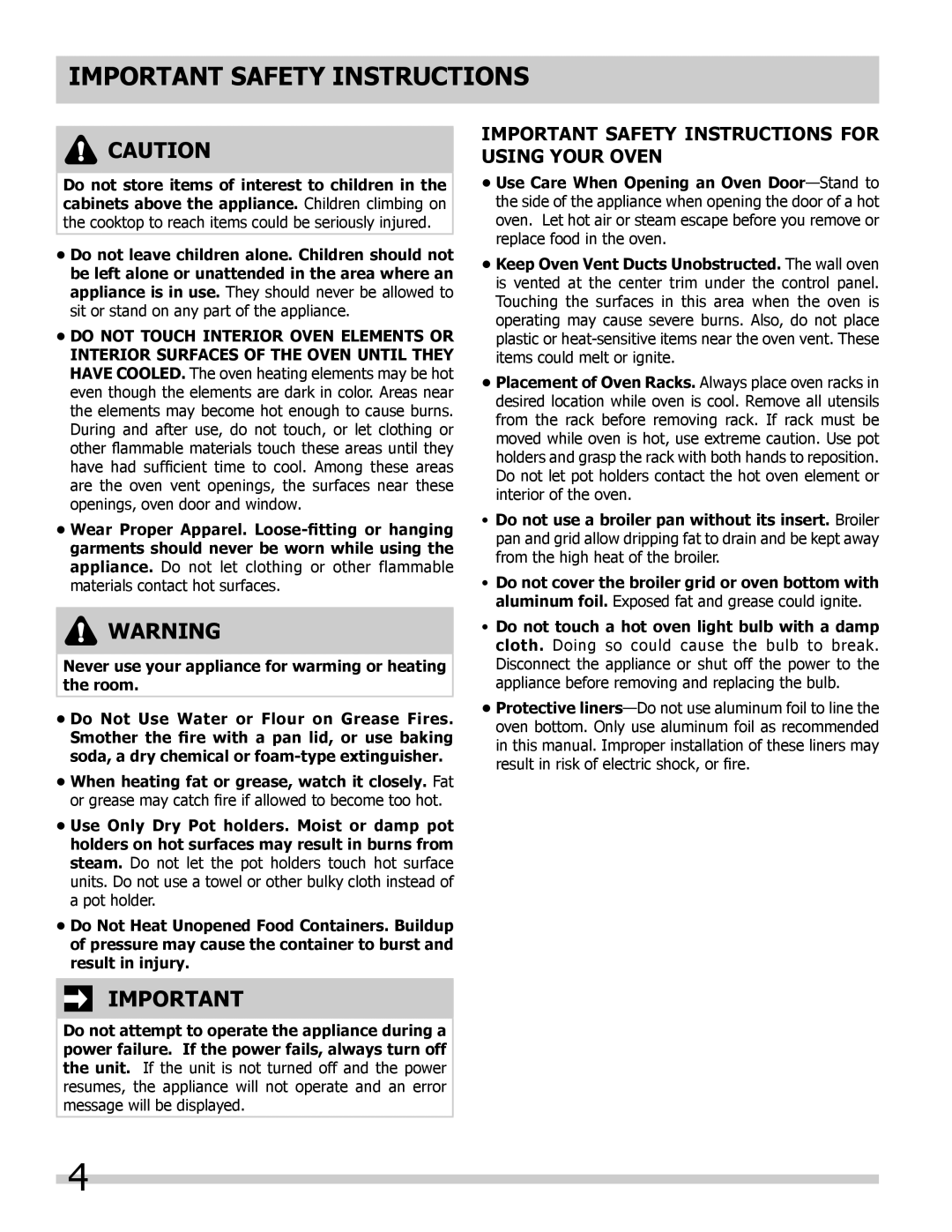 Frigidaire 318205325 Important Safety Instructions for Using Your Oven, Do not Touch Interior Oven Elements or 