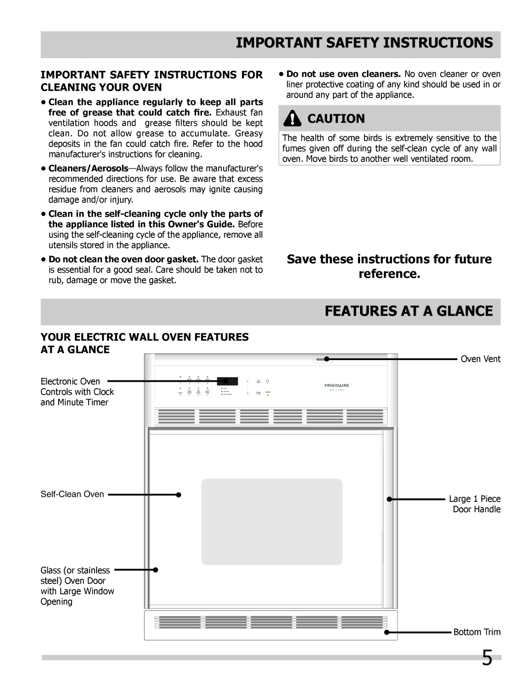 Frigidaire 318205325 important safety instructions Features AT a Glance, Your Electric Wall Oven Features At a Glance 