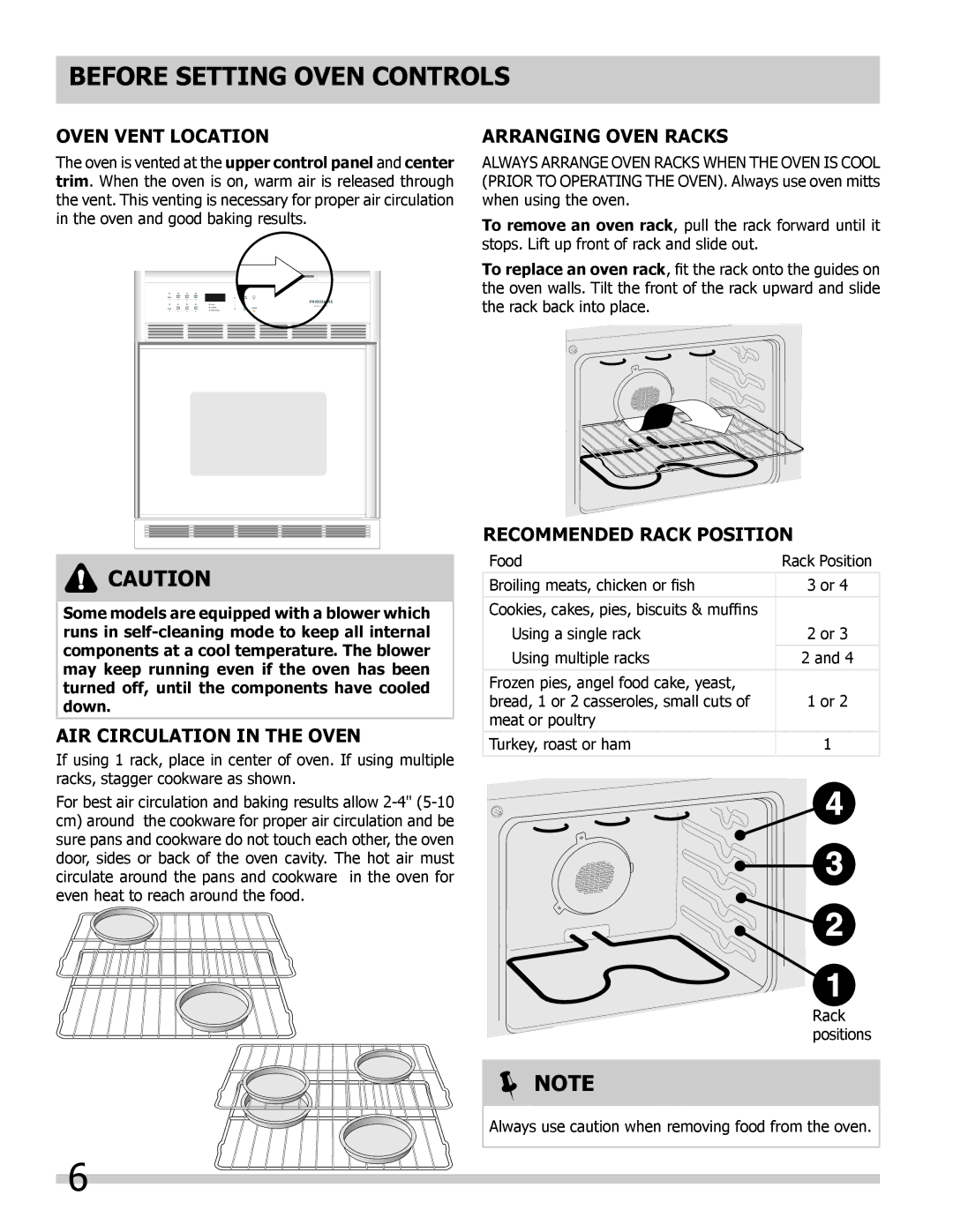 Frigidaire 318205325 Before Setting Oven Controls, Oven Vent Location, Air Circulation in the Oven, Arranging Oven Racks 