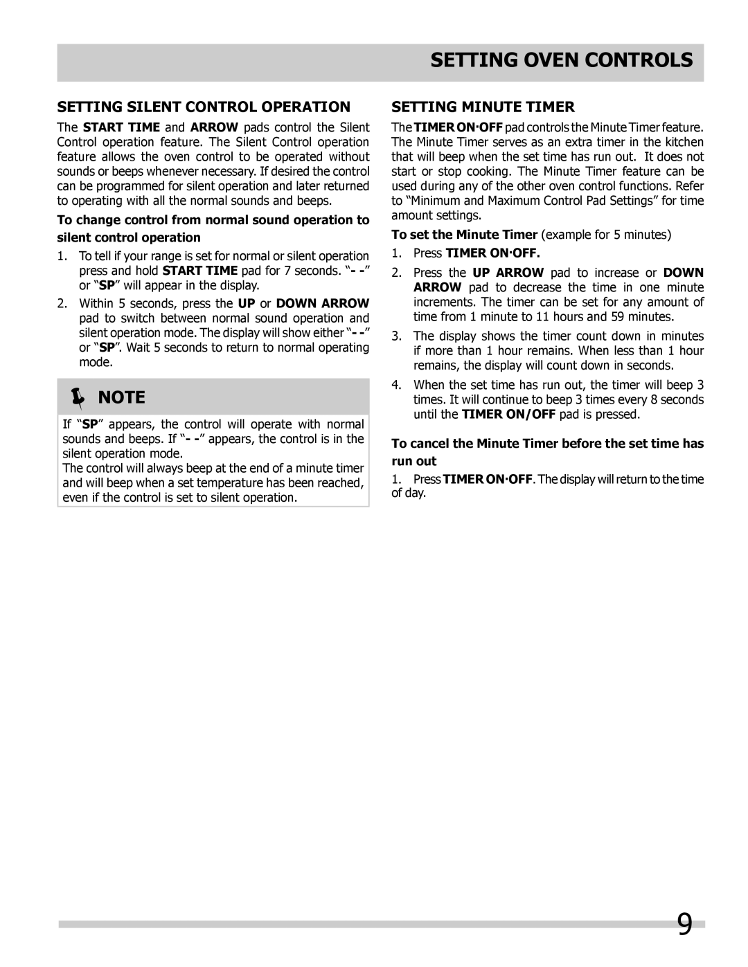 Frigidaire 318205325 important safety instructions Setting Silent Control Operation, Setting Minute Timer 