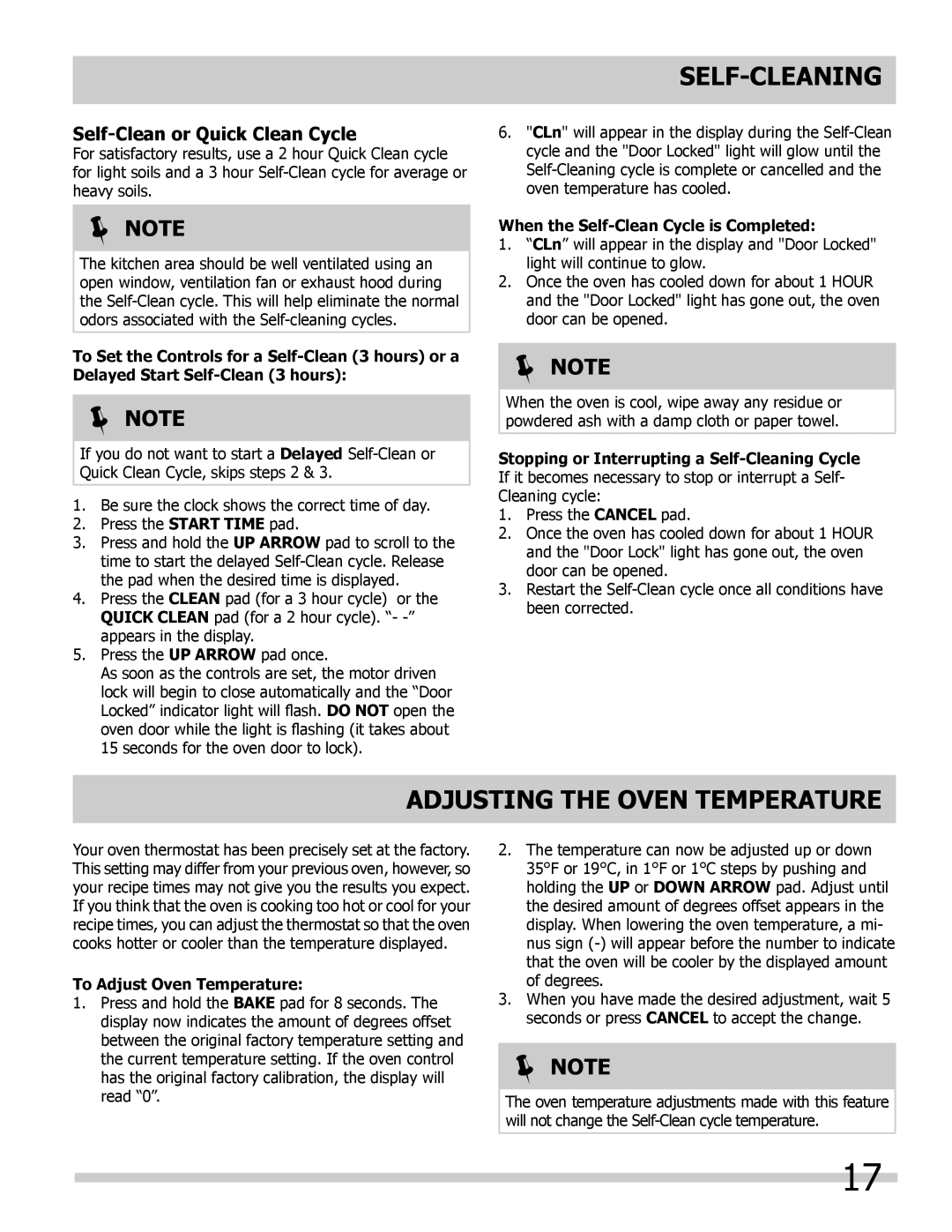 Frigidaire 318205325 Adjusting the Oven Temperature, Self-Clean or Quick Clean Cycle, To Adjust Oven Temperature,  Note 