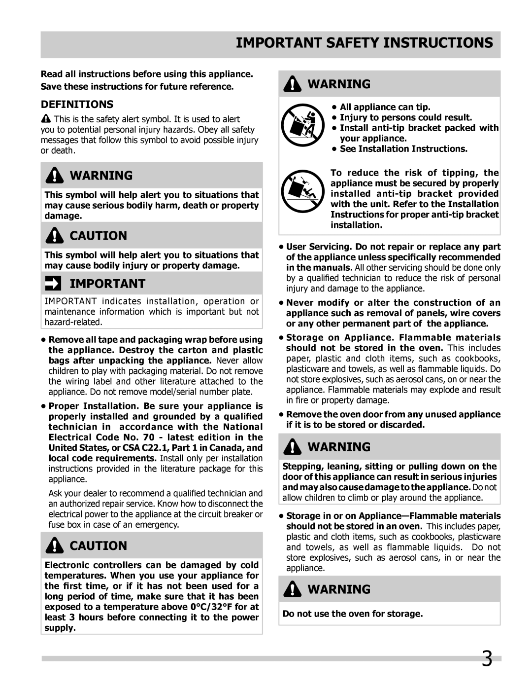 Frigidaire 318205325 Important Safety Instructions, Definitions, Electrical Code No. 70 - latest edition in the 