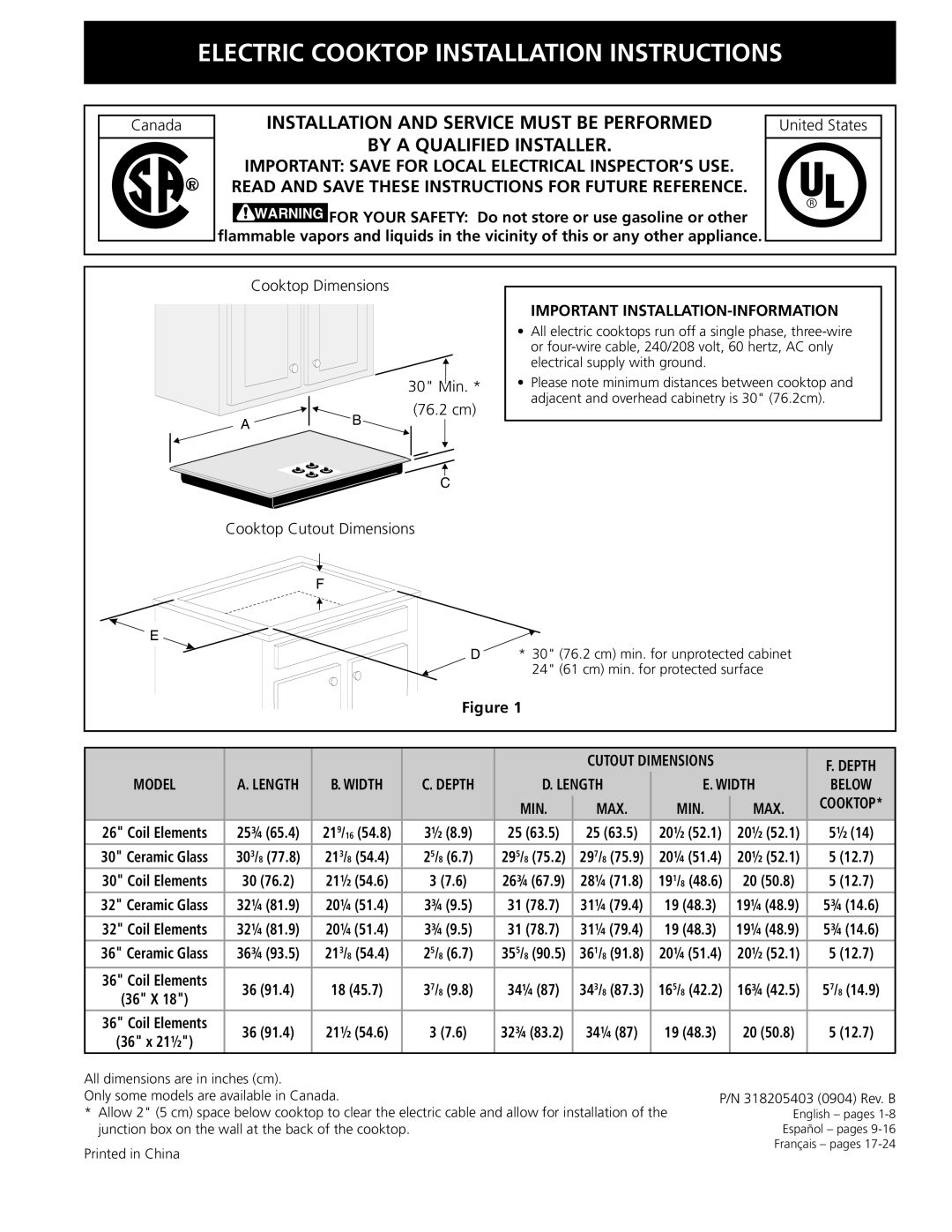 Frigidaire 318205403 installation instructions Important INSTALLATION‑INFORMATION, Model, Width Depth Length Below MIN MAX 