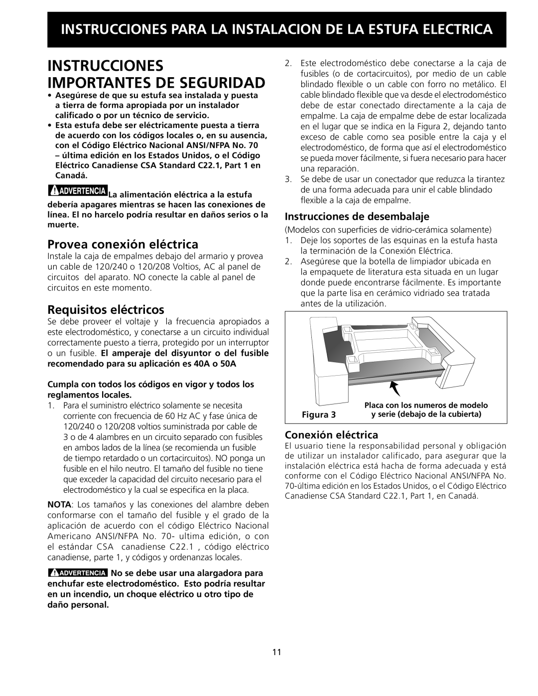 Frigidaire 318205403 installation instructions Instrucciones de desembalaje, Conexión eléctrica 