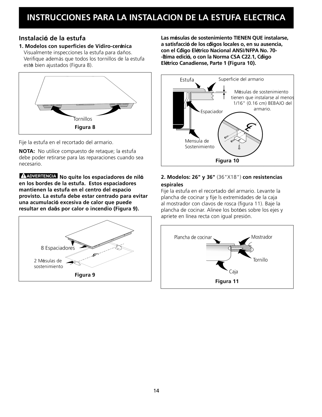 Frigidaire 318205403 installation instructions Instalación de la estufa, Tornillos, Espaciadores, Estufa, Tornillo Caja 