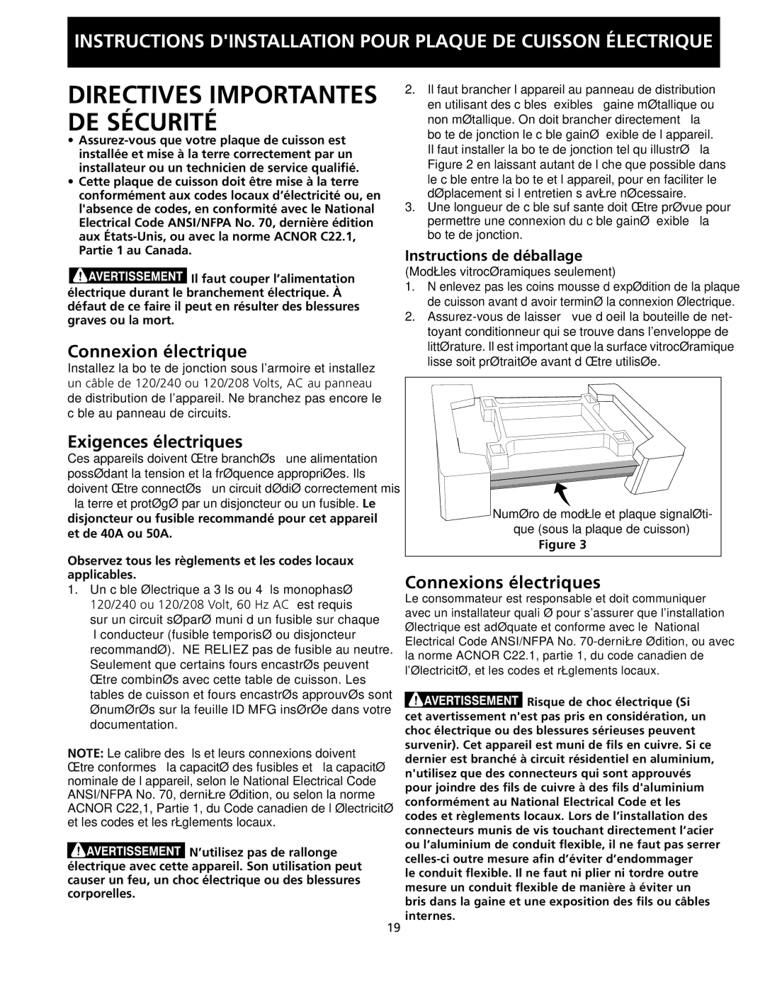 Frigidaire 318205403 installation instructions Instructions de déballage, Modèles vitrocéramiques seulement 