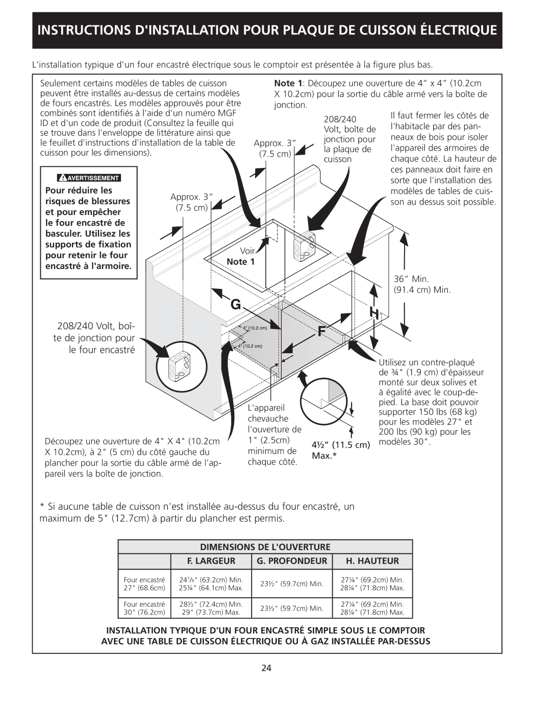 Frigidaire 318205403 Pour réduire les, Risques de blessures, Pour retenir le four Encastré à larmoire 