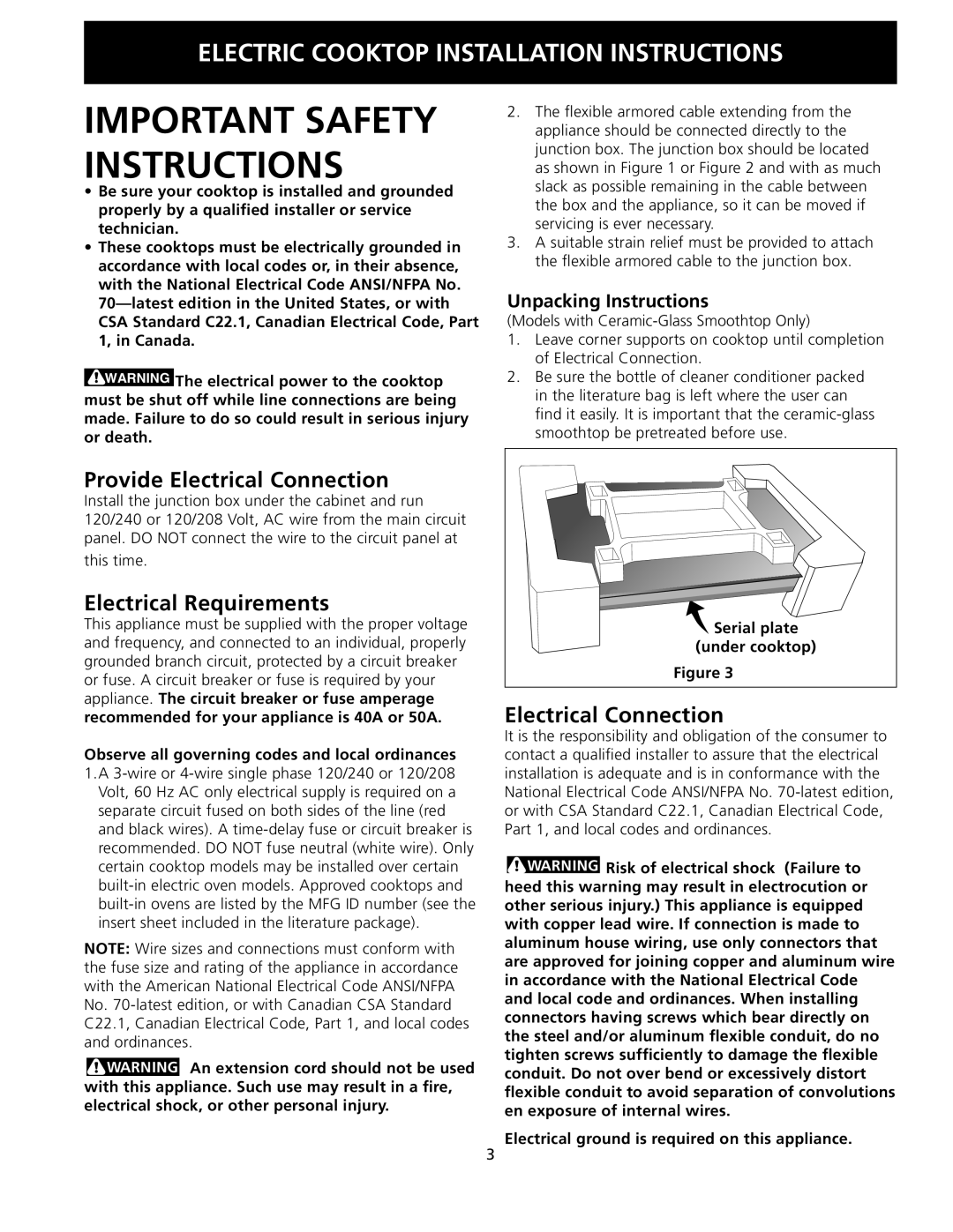 Frigidaire 318205403 Unpacking Instructions, Observe all governing codes and local ordinances, Under cooktop 